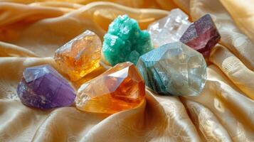 Various polished healing crystals like citrine, malachite, selenite on a silk cloth. New age banner photo