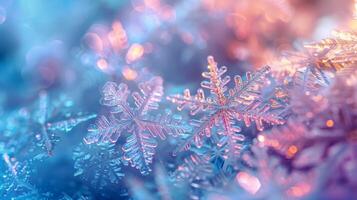 Pastel rainbow colored iridescent snowflakes emitting soft metallic light. Winter Christmas setting photo
