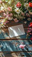 Vertical mockup of blank greeting card, delicate bouquet of spring wildflowers on a wooden table photo