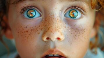 Portrait of a red-haired child with freckles, eyes wide open in surprise. Expressive freckled face photo