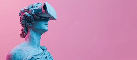 Classical Statue wearing Virtual Reality Headset in Pink Background. Wide format banner, copy space photo