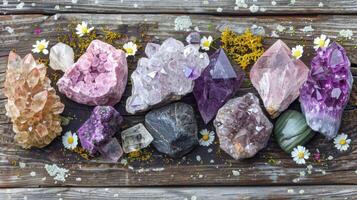 Healing crystals like amethyst, rose quartz, and obsidian on wooden surface. New age top view banner photo