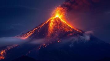Volcano erupting, ash and lava spewing into the air and flowing down. Apocalyptic Natural Disaster photo