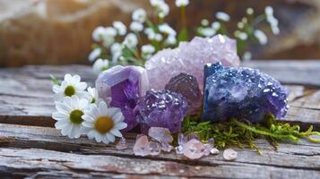 New age collection of healing crystals like amethyst, rose quartz, and obsidian on a wooden surface photo