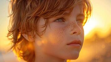 A boy with freckles, catching the last rays of sunset. Warm evening light, beauty of freckled skin photo