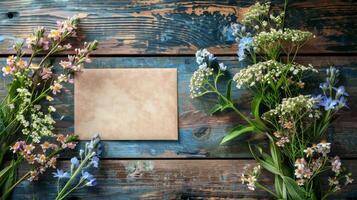 Mockup of blank greeting card surrounded by delicate bouquet of spring wildflowers on a wooden table photo