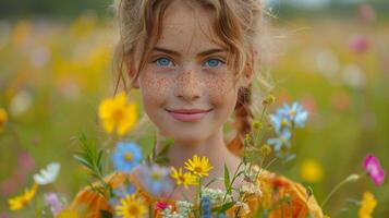 Portrait of a smiling girl with bright freckles in meadow filled with wildflowers. Freckled face photo