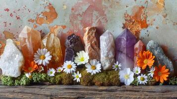 New age collection of healing crystals like amethyst, rose quartz, and obsidian on a wooden surface photo