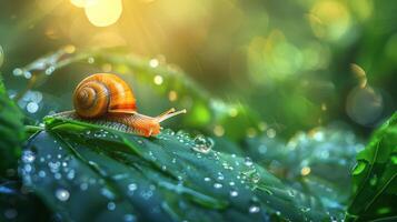 A snail crawls across dewy lush green leaves. The sun shines brightly, a warm glow on the scene photo