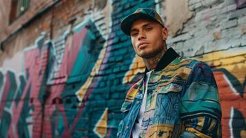 A young man wearing a stylish patterned jacket and cap poses in front of a graffiti-covered wall photo