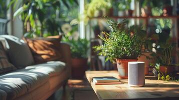 Modern Living Room With Smart Speaker and Plants On Coffee Table. Smart Home Technology, Biohacking photo
