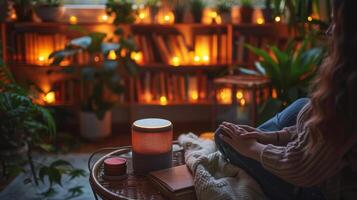 Cozy Living Room With A Smart Speaker and Plants On Coffee Table. Smart Home Technology, Biohacking photo
