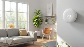 Living Room With A Smart Thermostat On The Wall, Modern Furniture, Smart Home Technology, Biohacking photo