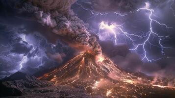 Volcano erupting, fiery lava spewing into dark sky, ash cloud, lightning strikes. Natural Disaster photo