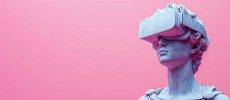 Classical Statue wearing Virtual Reality Headset in Pink Background. Wide format banner copy space photo