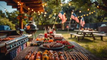 Barbecue party with grilled food in backyard with American flags. 4th of July, USA Independence Day photo