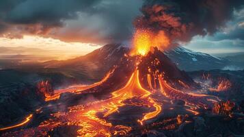 Volcano erupting, ash and lava spewing into the air and flowing down. Apocalyptic Natural Disaster photo
