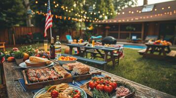 Barbecue party with grilled food in backyard with American flags. 4th of July, USA Independence Day photo
