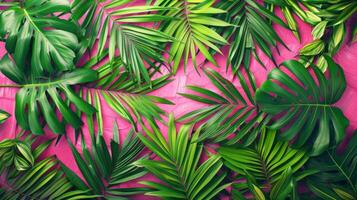 Tropical green palm leaves pattern on bright pink background. Nature, summer, and botanical designs photo
