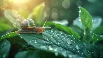 A snail crawls across dewy lush green leaves. The sun shines brightly, a warm glow on the scene photo
