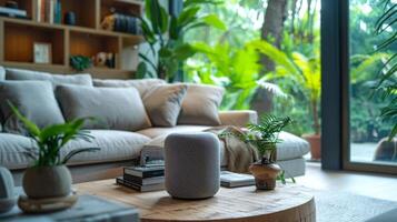 Modern Living Room With Smart Speaker and Plants On Coffee Table. Smart Home Technology, Biohacking photo