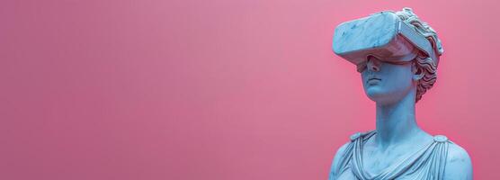 Classical Statue wearing Virtual Reality Headset in Pink Background. Wide format banner, copy space. photo
