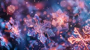 Vibrant rainbow iridescent Christmas snowflakes with soft metallic light glowing in dark backdrop photo