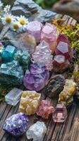 Healing crystals like amethyst, rose quartz, and obsidian on wooden surface. New age vertical banner photo