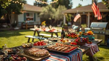 Barbecue party with grilled food in backyard with American flags. 4th of July, USA Independence Day photo