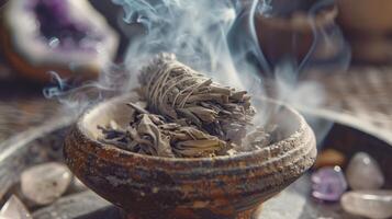 A burning sage bundle placed on a stone plate, with dense white smoke cleansing healing crystals photo