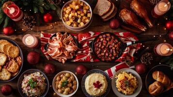 Christmas table with traditional Canadian dishes such as pudding, bacon, poutine, flags. Top view photo