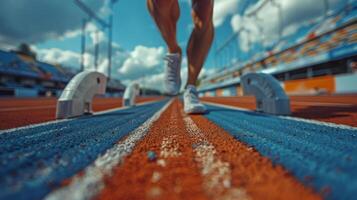 Sprinter at the starting blocks at a track and field event. Tension and focus right before the start photo