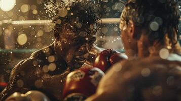 Intense scene in a boxing ring with two black athletes engaged in match. Dynamic movement of boxers photo