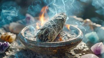 A burning sage bundle placed on a stone plate, with dense white smoke cleansing healing crystals photo