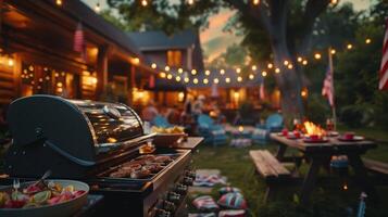 Barbecue party with grilled food in backyard with American flags. 4th of July, USA Independence Day photo