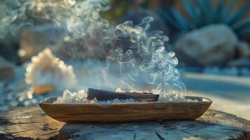 A smoldering palo santo stick on a ceramic dish, its smoke rising and cleansing energy of crystals photo