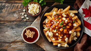 Plate of poutine topped with cheese curds and gravy on a rustic wooden table with a Canadian flag photo