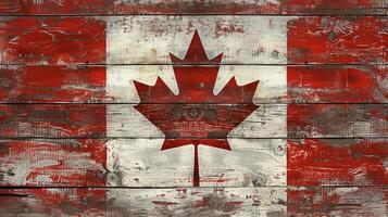 Canadian flag painted on a rustic wooden texture, wood grain and weathered details. Canada Day photo