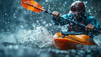 A kayaker in full speed during a sprint race, with water splashing around. Strength of the paddler photo