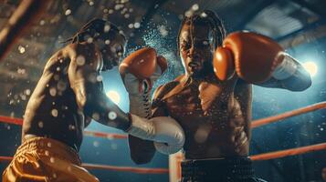 Intense scene in a boxing ring with two black athletes engaged in match. Dynamic movement of boxers photo