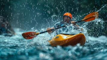 A kayaker in full speed during a sprint race, with water splashing around. Strength of the paddler photo
