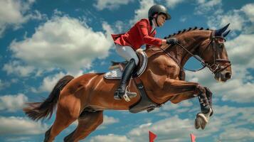 Equestrian in mid-air, their horse clearing a high jump. Blue sky and fluffy clouds in background photo