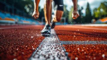 Sprinter at the starting blocks at a track and field event. Tension and focus right before the start photo