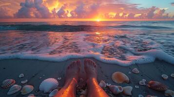 POV of Feet in Sand at the Edge of Ocean During Sunset, waves gently washing over. Summer Vacation photo