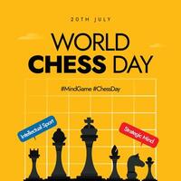 International Chess day. 20th July World Chess day celebration banner with silhouette chess board and pieces. The game challenges players mentally while also breaking down barriers through centuries. vector