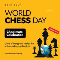 World Chess day 20th July celebration banner, post. Chess day banner with its pieces and earth globe. Chess has evolved over the centuries and will probably continue to keep changing with the times. vector
