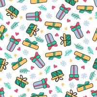 Winter seamless pattern with gift boxes, snowflakes, Christmas tree branch, heart and star. In doodle style. Stock isolated illustration on white background. vector