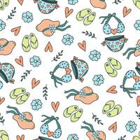 Summer seamless pattern with swimsuit, flip flops, flower, branch and heart. vector