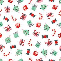 Christmas seamless pattern with fir tree, gifts, candy and sugar cane vector