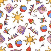 Seamless pattern with ball, sun, camera, watermelon, garland of flags, and kite. vector